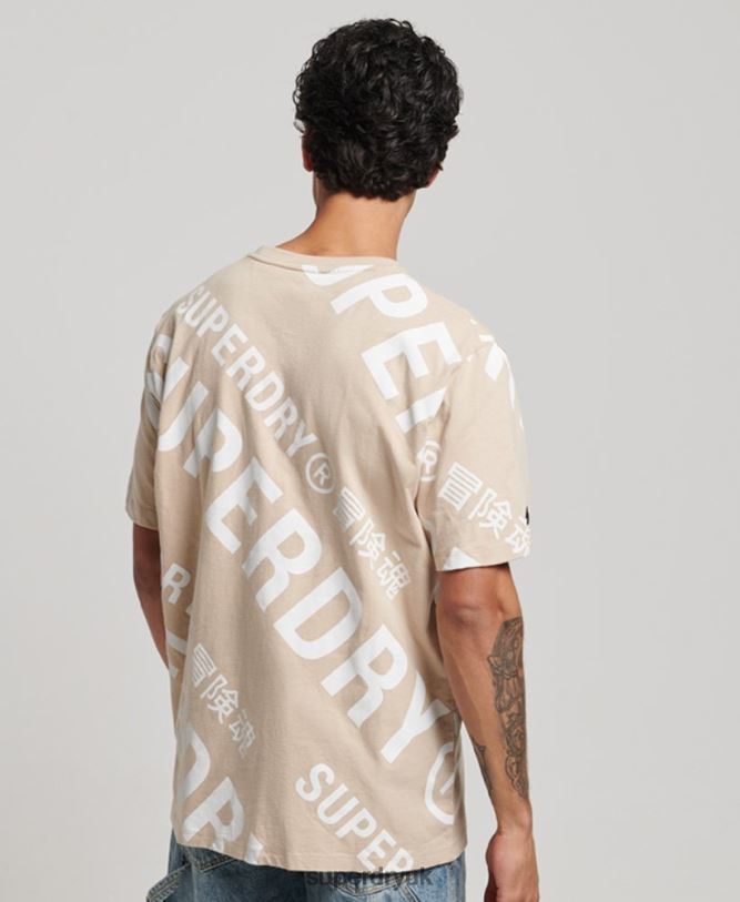 All Over Print Logo Loose T-Shirt Men Beige Clothing Superdry 66N8N4821