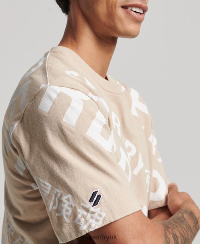All Over Print Logo Loose T-Shirt Men Beige Clothing Superdry 66N8N4821
