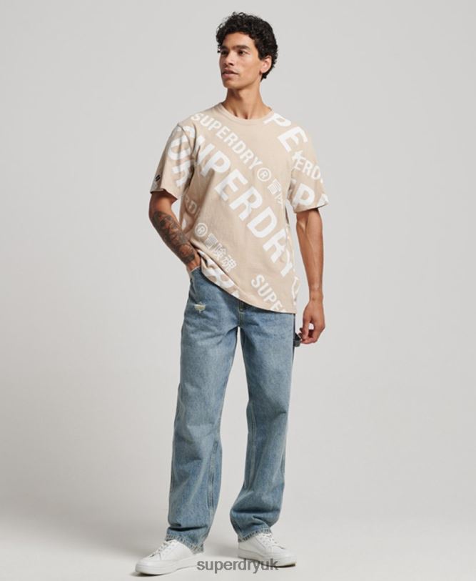 All Over Print Logo Loose T-Shirt Men Beige Clothing Superdry 66N8N4821