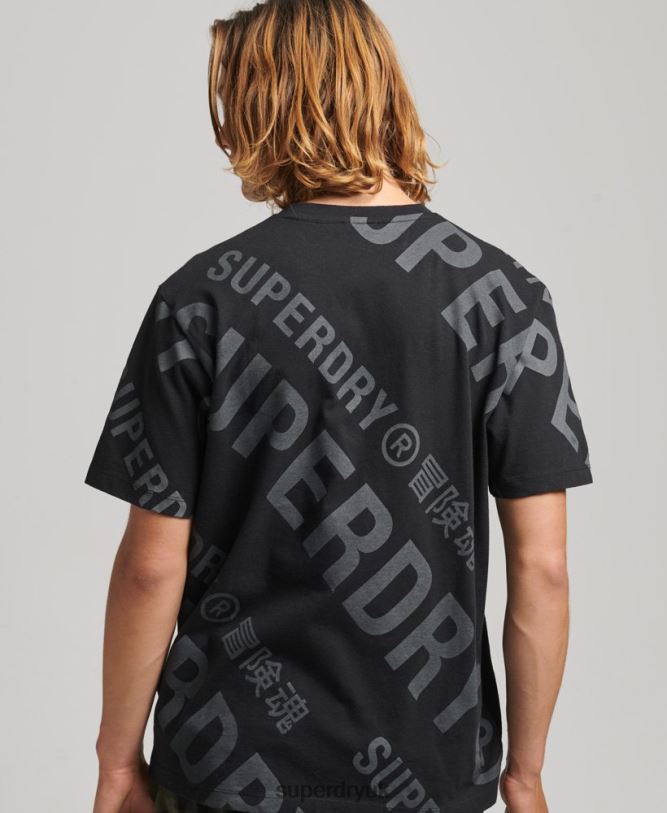 All Over Print Logo Loose T-Shirt Men Black Clothing Superdry 66N8N4973