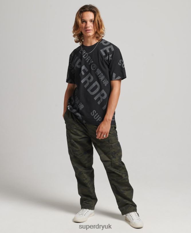 All Over Print Logo Loose T-Shirt Men Black Clothing Superdry 66N8N4973