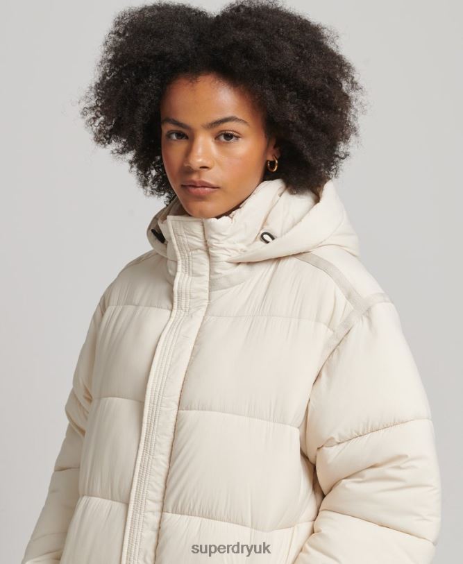 Cocoon Longline Puffer Coat Women Cream Clothing Superdry 66N8N5470