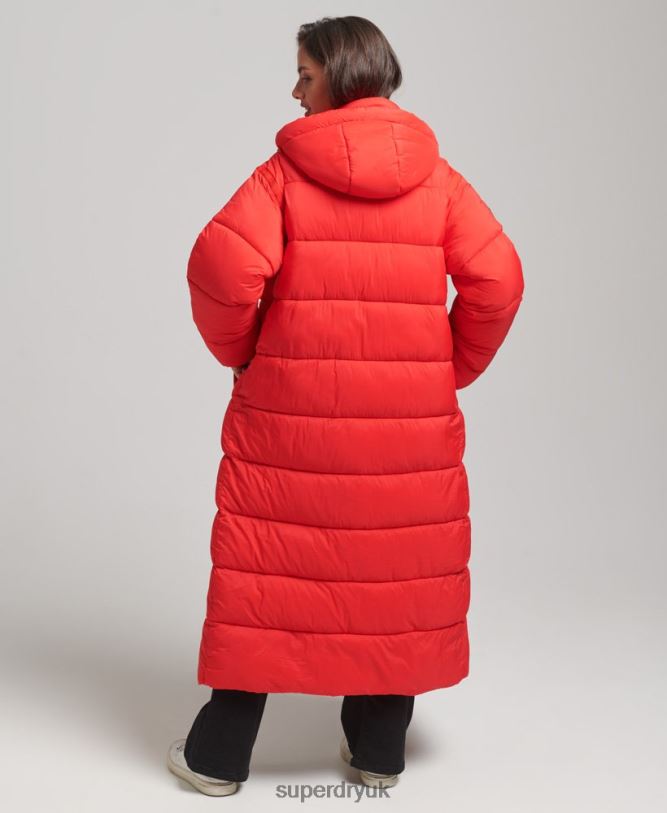 Cocoon Longline Puffer Coat Women Red Clothing Superdry 66N8N5501