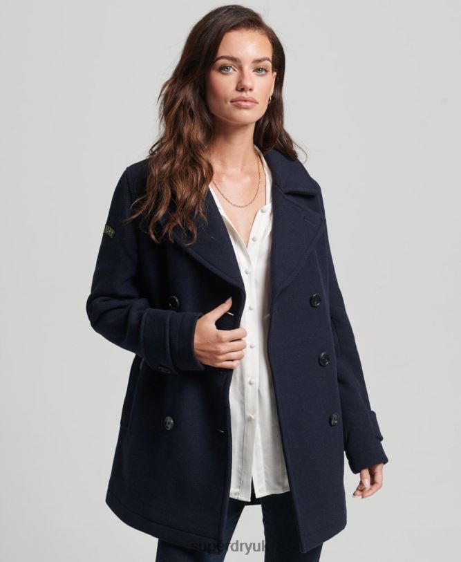 Double Breasted Wool Pea Coat Women Navy Clothing Superdry 66N8N3619