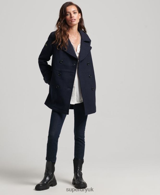 Double Breasted Wool Pea Coat Women Navy Clothing Superdry 66N8N3619