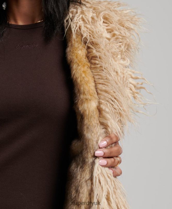 Faux Fur Afghan Long Gilet Women Brown Clothing Superdry 66N8N3560