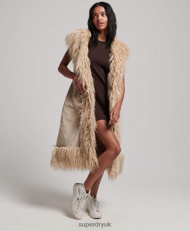 Faux Fur Afghan Long Gilet Women Brown Clothing Superdry 66N8N3560