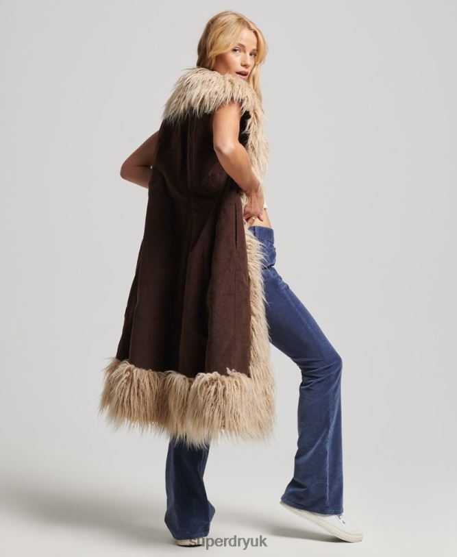 Faux Fur Afghan Long Gilet Women Brown Clothing Superdry 66N8N3561