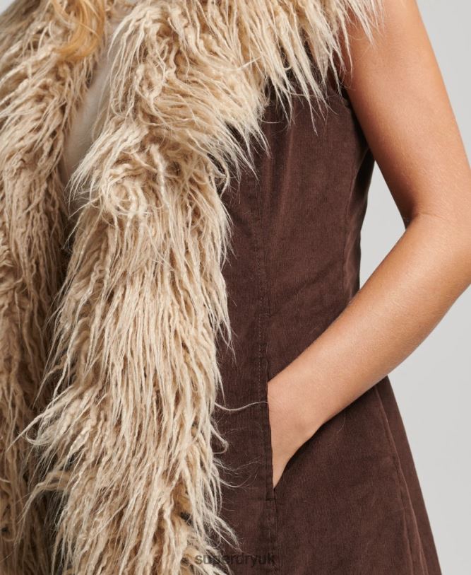Faux Fur Afghan Long Gilet Women Brown Clothing Superdry 66N8N3561
