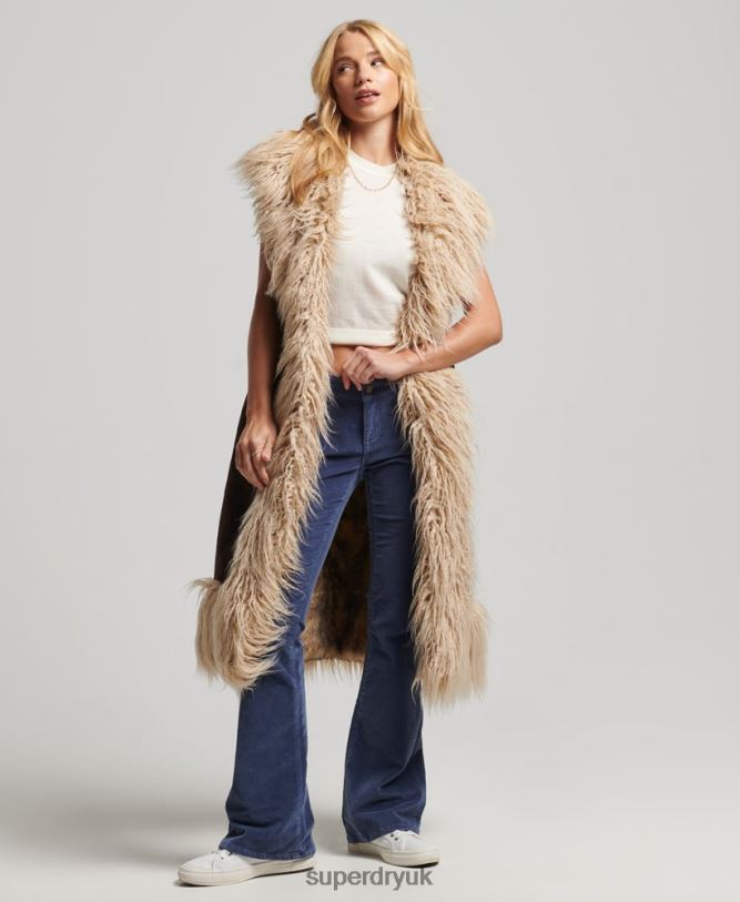 Faux Fur Afghan Long Gilet Women Brown Clothing Superdry 66N8N3561