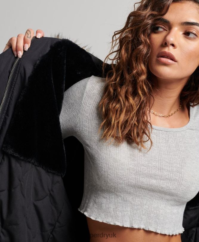 Faux Fur Authentic Military Parka Coat Women Dark Grey Clothing Superdry 66N8N5731