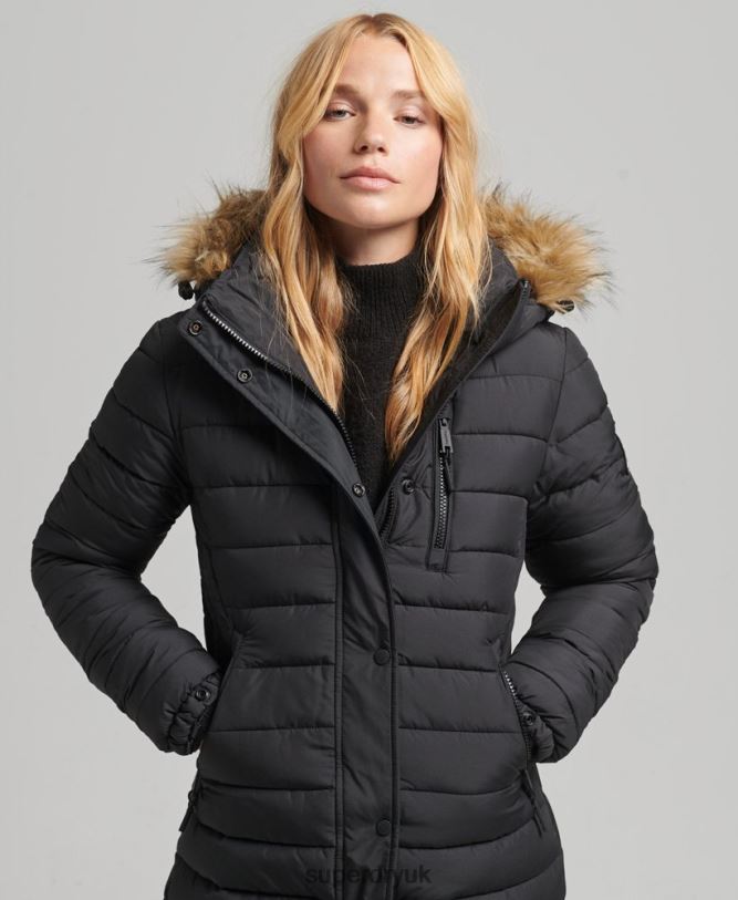 Faux Fur Hooded Longline Light Padded Puffer Coat Women Black Clothing Superdry 66N8N3716