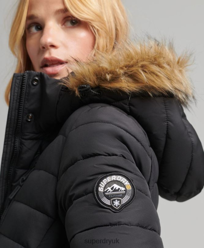 Faux Fur Hooded Longline Light Padded Puffer Coat Women Black Clothing Superdry 66N8N3716