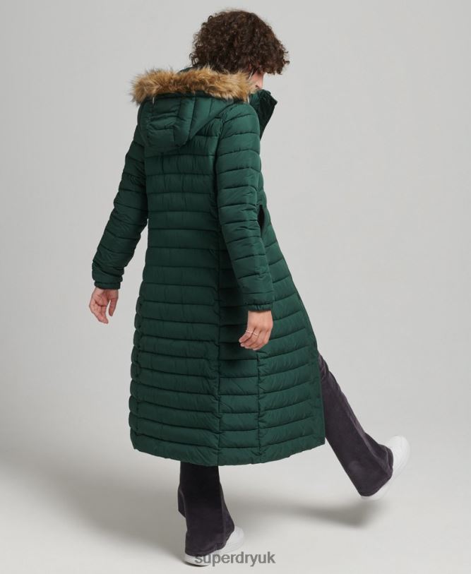 Faux Fur Hooded Longline Light Padded Puffer Coat Women Green Clothing Superdry 66N8N3702