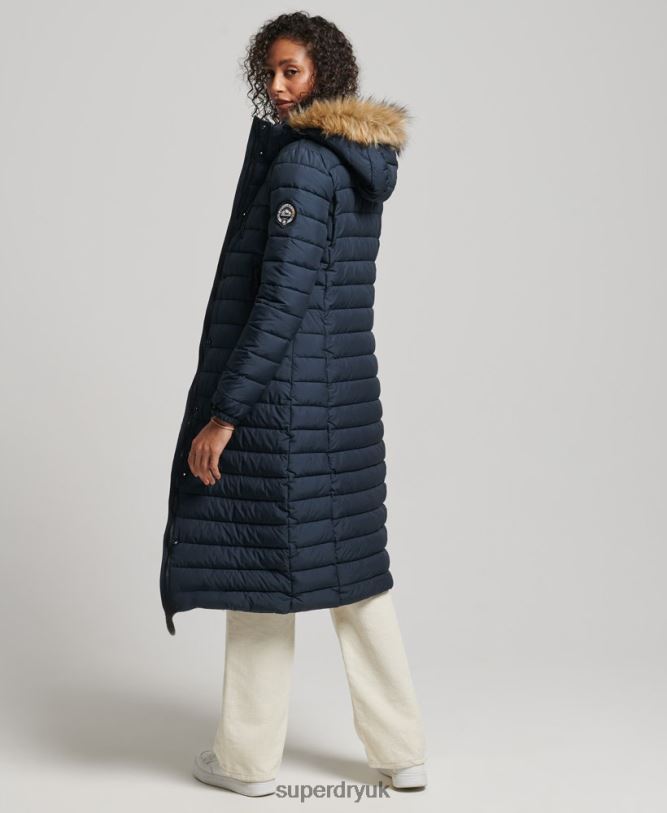 Faux Fur Hooded Longline Light Padded Puffer Coat Women Navy Clothing Superdry 66N8N3622