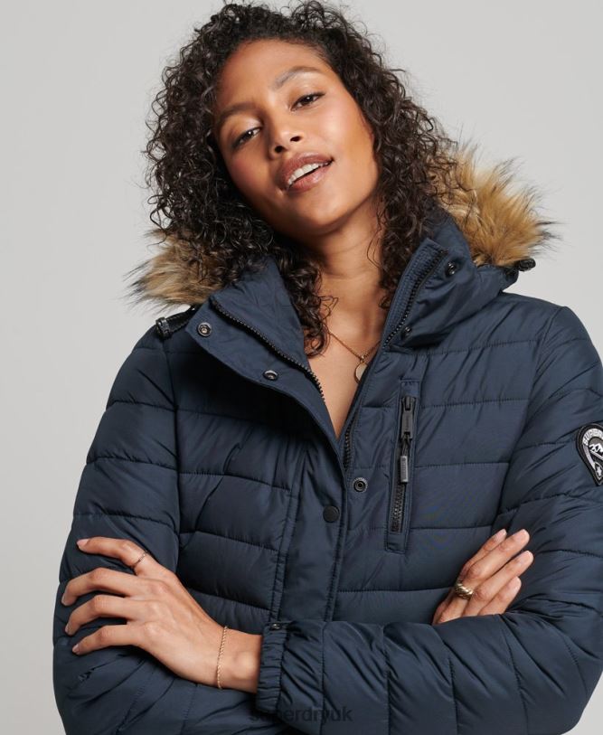 Faux Fur Hooded Longline Light Padded Puffer Coat Women Navy Clothing Superdry 66N8N3622