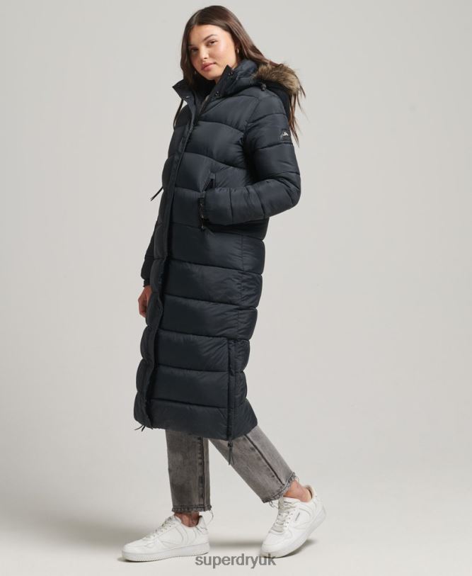 Faux Fur Hooded Longline Puffer Coat Women Dark Grey Clothing Superdry 66N8N3660