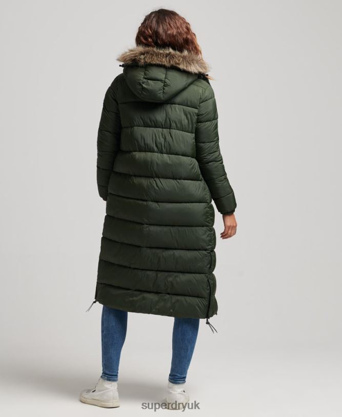 Faux Fur Hooded Longline Puffer Coat Women Green Clothing Superdry 66N8N3626