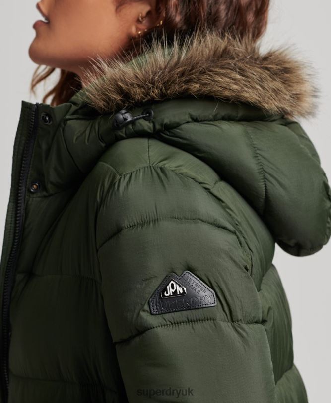 Faux Fur Hooded Longline Puffer Coat Women Green Clothing Superdry 66N8N3626