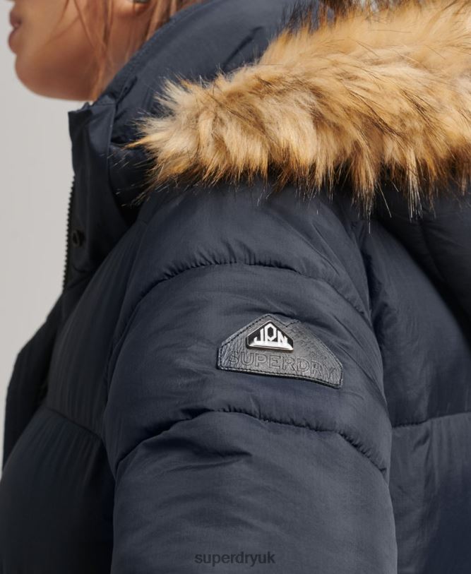 Faux Fur Hooded Longline Puffer Coat Women Navy Clothing Superdry 66N8N3662