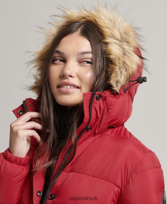 Faux Fur Hooded Longline Puffer Coat Women Red Clothing Superdry 66N8N3661