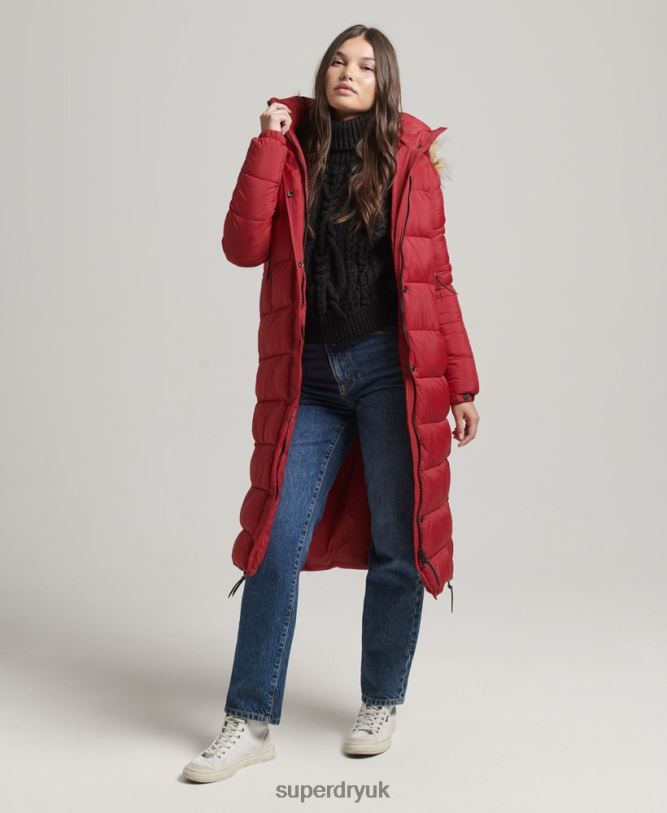 Faux Fur Hooded Longline Puffer Coat Women Red Clothing Superdry 66N8N3661