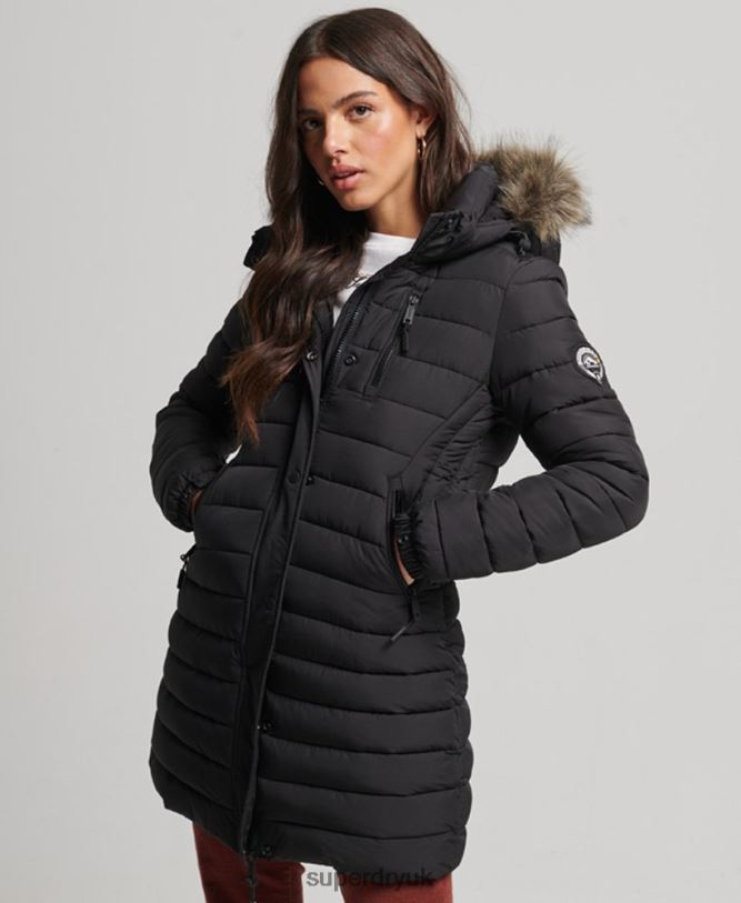 Faux Fur Hooded Mid Length Puffer Jacket Women Black Clothing Superdry 66N8N3550
