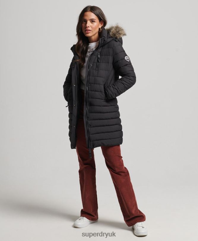 Faux Fur Hooded Mid Length Puffer Jacket Women Black Clothing Superdry 66N8N3550