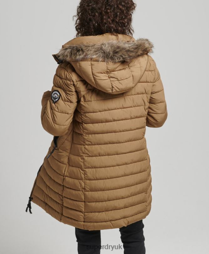 Faux Fur Hooded Mid Length Puffer Jacket Women Brown Clothing Superdry 66N8N3748
