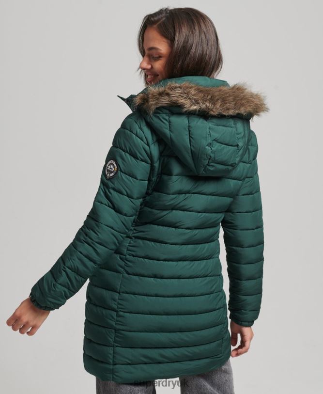 Faux Fur Hooded Mid Length Puffer Jacket Women Green Clothing Superdry 66N8N3636