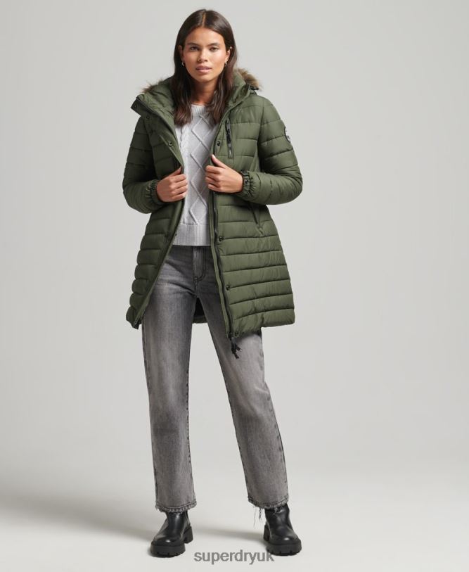 Faux Fur Hooded Mid Length Puffer Jacket Women Khaki Clothing Superdry 66N8N3715