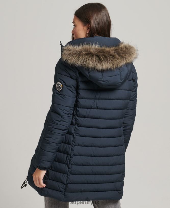 Faux Fur Hooded Mid Length Puffer Jacket Women Navy Clothing Superdry 66N8N3605