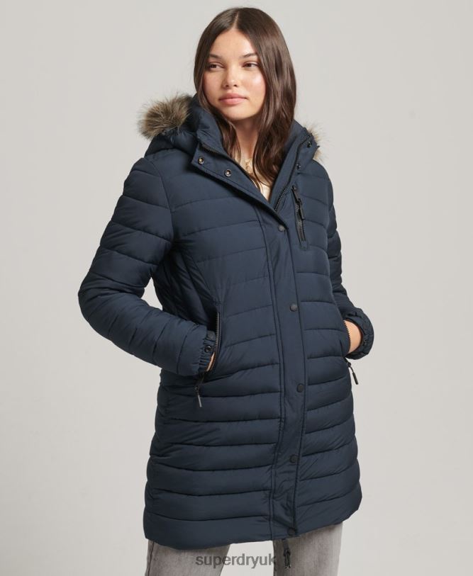 Faux Fur Hooded Mid Length Puffer Jacket Women Navy Clothing Superdry 66N8N3605