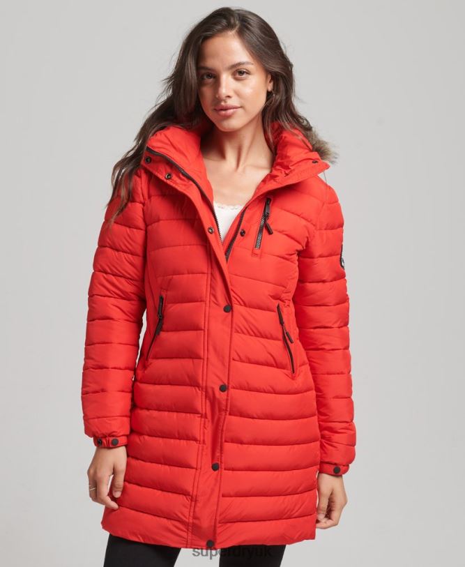 Faux Fur Hooded Mid Length Puffer Jacket Women Red Clothing Superdry 66N8N3688