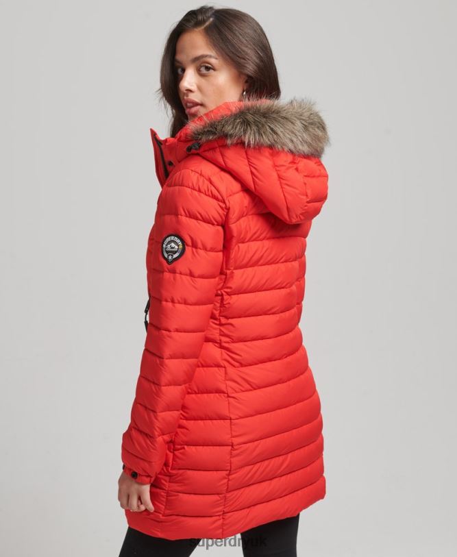 Faux Fur Hooded Mid Length Puffer Jacket Women Red Clothing Superdry 66N8N3688