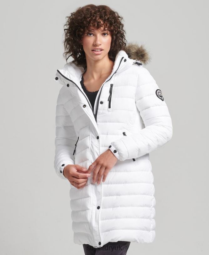 Faux Fur Hooded Mid Length Puffer Jacket Women White Clothing Superdry 66N8N3606