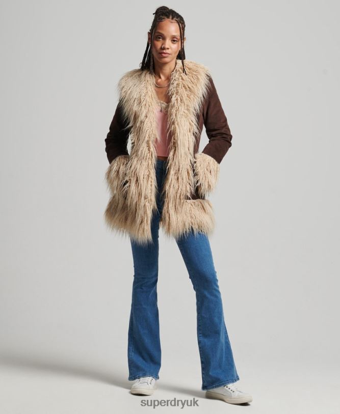 Faux Fur Lined Afghan Coat Women Brown Clothing Superdry 66N8N3643