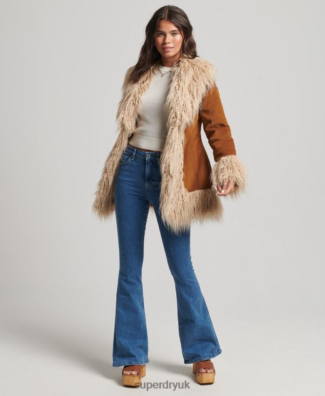 Faux Fur Lined Afghan Coat Women Brown Clothing Superdry 66N8N3737