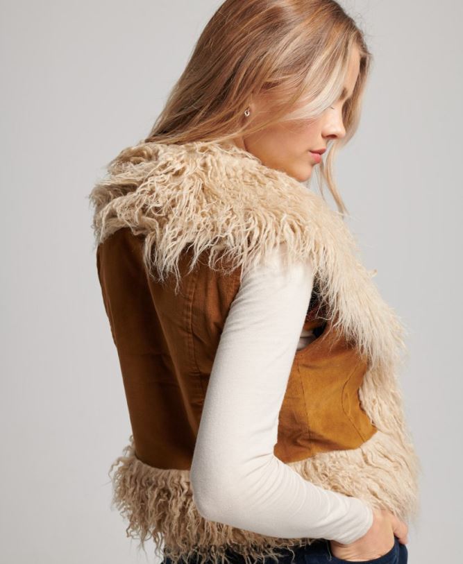 Faux Fur Lined Afghan Cropped Gilet Women Brown Clothing Superdry 66N8N3553