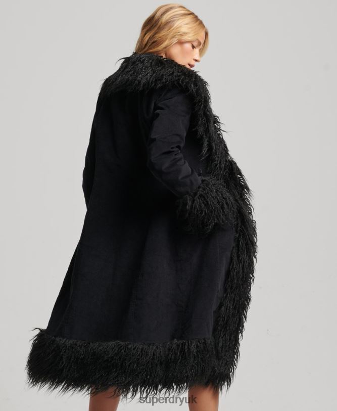 Faux Fur Lined Longline Afghan Coat Women Black Clothing Superdry 66N8N3820