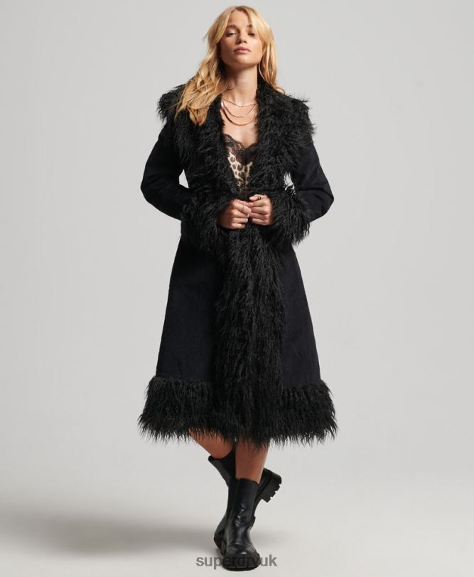 Faux Fur Lined Longline Afghan Coat Women Black Clothing Superdry 66N8N3820