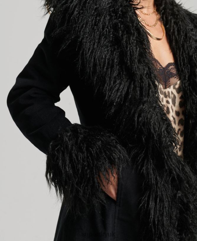 Faux Fur Lined Longline Afghan Coat Women Black Clothing Superdry 66N8N3820
