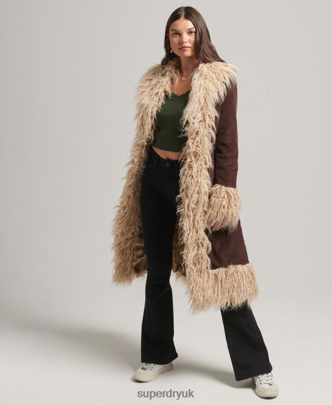 Faux Fur Lined Longline Afghan Coat Women Brown Clothing Superdry 66N8N3813