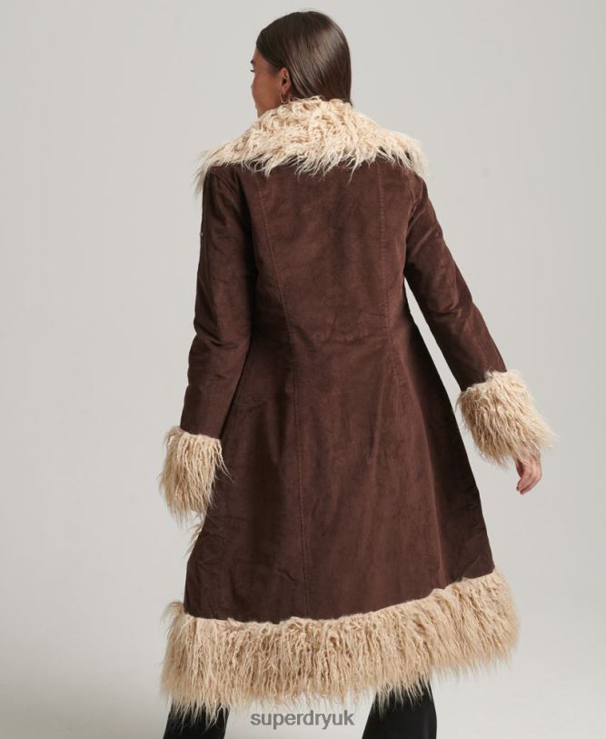 Faux Fur Lined Longline Afghan Coat Women Brown Clothing Superdry 66N8N3813