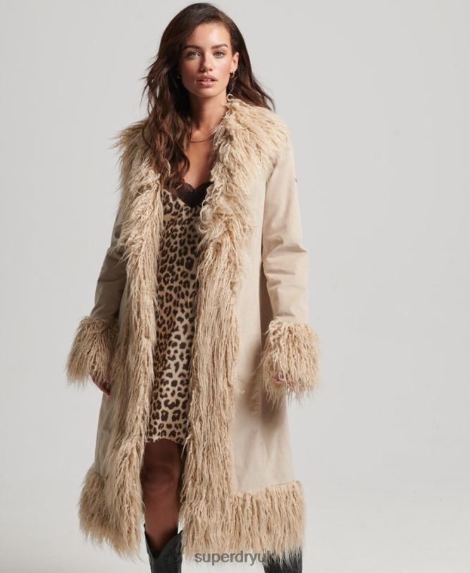 Faux Fur Lined Longline Afghan Coat Women Brown Clothing Superdry 66N8N3824