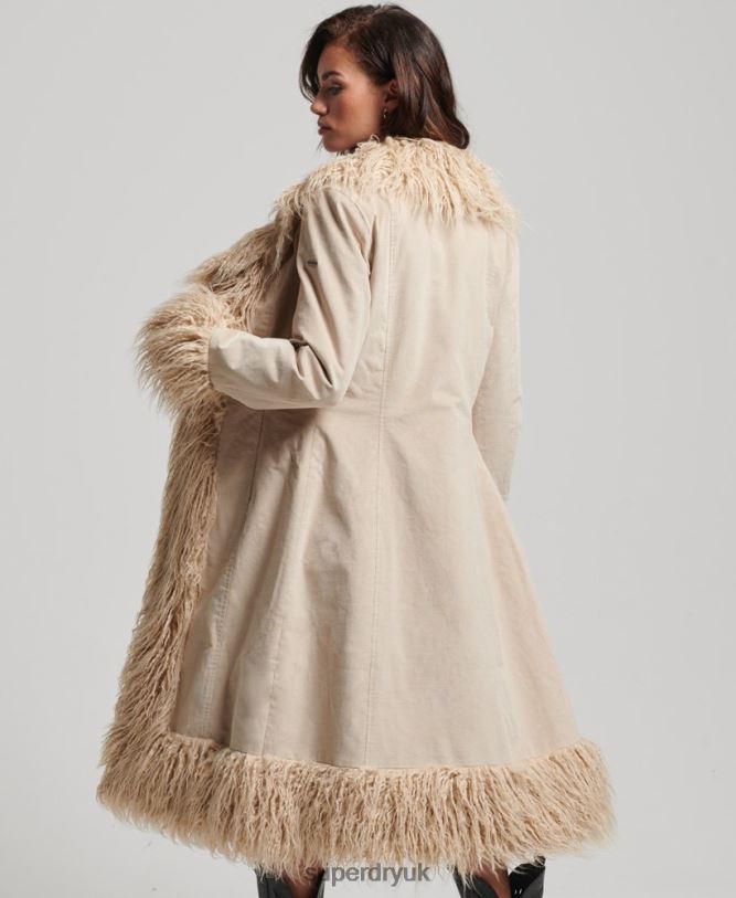 Faux Fur Lined Longline Afghan Coat Women Brown Clothing Superdry 66N8N3824