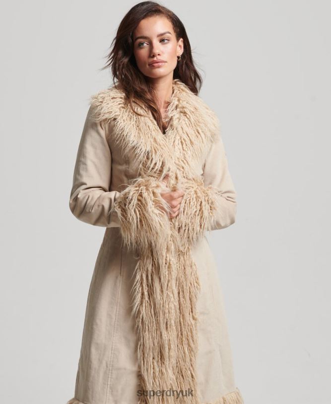 Faux Fur Lined Longline Afghan Coat Women Brown Clothing Superdry 66N8N3824
