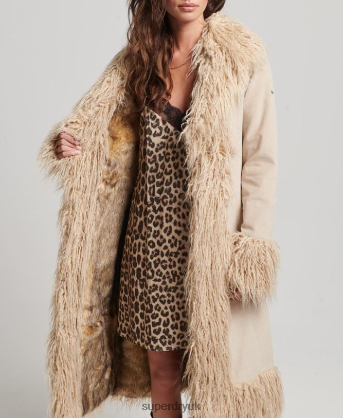 Faux Fur Lined Longline Afghan Coat Women Brown Clothing Superdry 66N8N3824