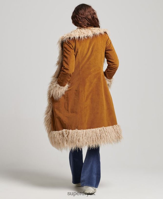 Faux Fur Lined Longline Afghan Coat Women Brown Clothing Superdry 66N8N3835