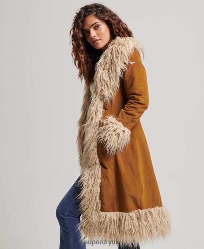 Faux Fur Lined Longline Afghan Coat Women Brown Clothing Superdry 66N8N3835